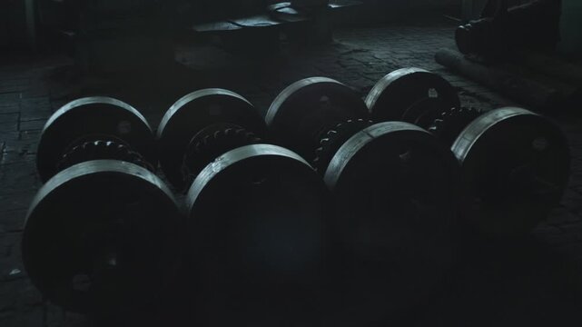 Rows of heavy metal industrial wheels and rollers on worn brick floor inside dim workshop with low angle highlights, repeating texture, shadowed depth, and aged mechanical detail