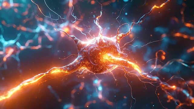 A glowing biological neuron cell transmits electrical signals within a complex neural network