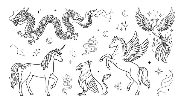 Mythological creatures and fantasy beasts line art vector bundle banner
