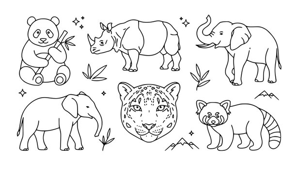 Asian wildlife and endangered animals line art vector bundle banner
