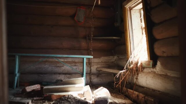 Sunlit rustic log cabin interior with turquoise shelf, weathered wood walls, cluttered floor, narrow window light, textured brickwork, dusty storage corner, warm shadows