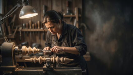 Naklejka premium Female woodworker craftswoman woodturning wood lathe handmade workshop focused artisan woodworking craft Dusty female woodworker craftswoman woodturning wood Female artisan woodworker concept