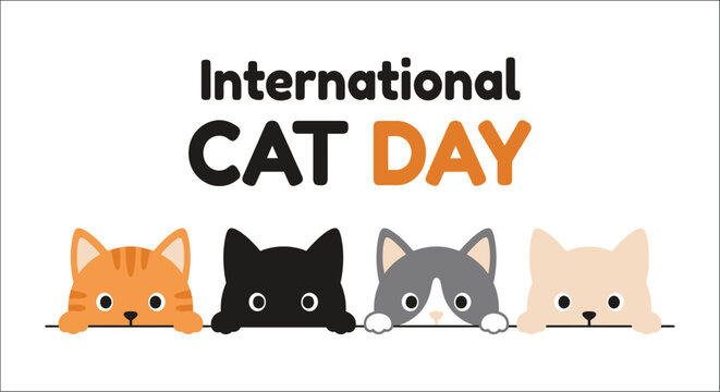 Four feline head illustrations with text celebrating international cat day on a white background animal