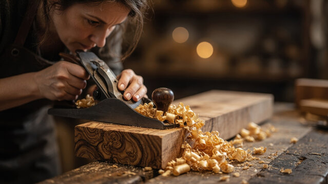 Woodworker woman hand plane carpentry wood shaving workshop craft artisan focus skill Woodworker woman using hand plane hardwood rustic workshop, curly shaving Female artisan woodworker concept