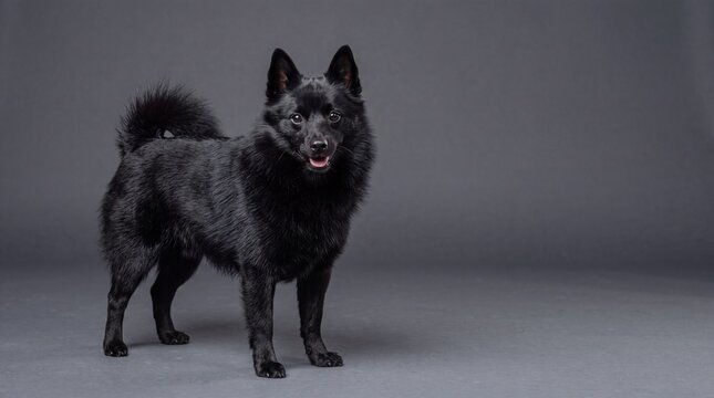 Small black Schipperke dog standing in a professional studio against a gray background