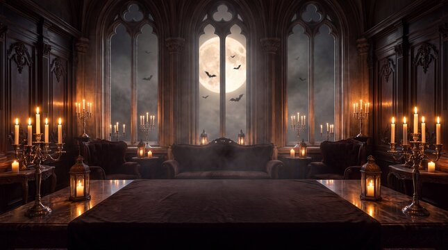 Spooky dark gothic castle room illuminated by warm candlelight and full moon