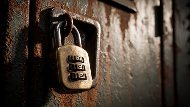 Vintage brass combination padlock hanging on a rusty locker door in a dark industrial warehouse with dramatic warm textured lighting for data protection and privacy concept