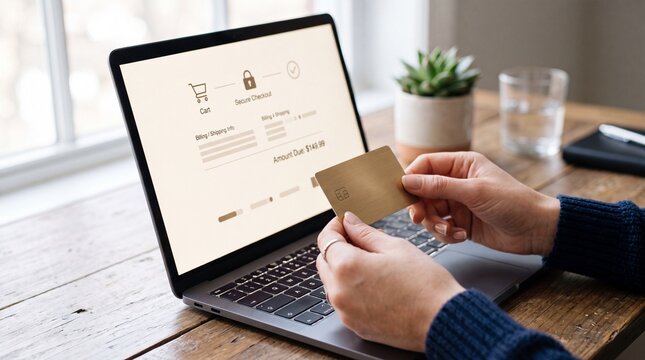 Person holding gold credit card during secure online checkout on laptop at home office desk