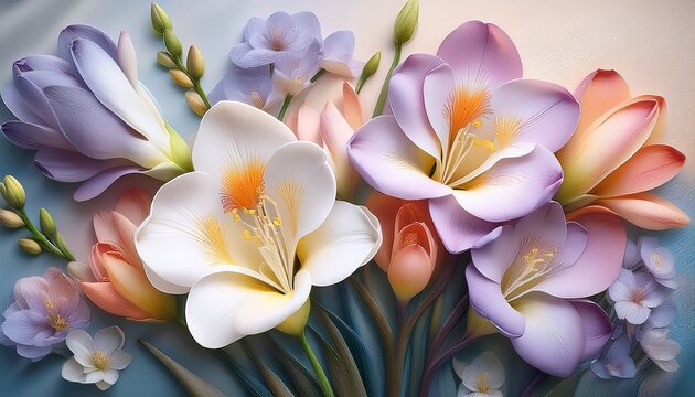 a close up of a 3d floral wall mural capturing the delicate beauty of blooming freesias in soft pastel tones