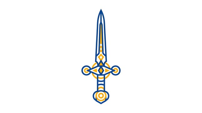 Abstract geometric sword design with blue and gold accents