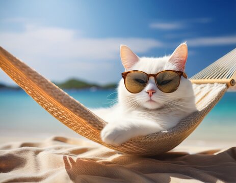 cute white cat wearing sunglasses in a beach hammock animal influencer lifestyle and summer chill
