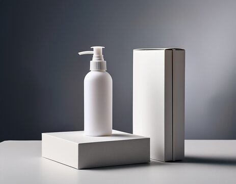 white cosmetic pump bottle box and square base on clean background product display