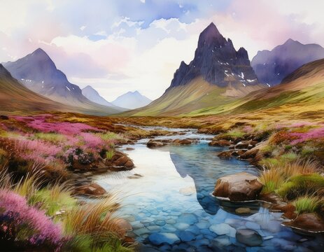 watercolor ethereal beauty of fairy pools under the majestic skye mountains