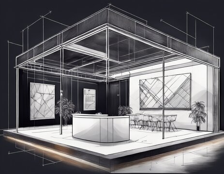 architectural sketch of modern exhibition booth structure with geometric interior layout