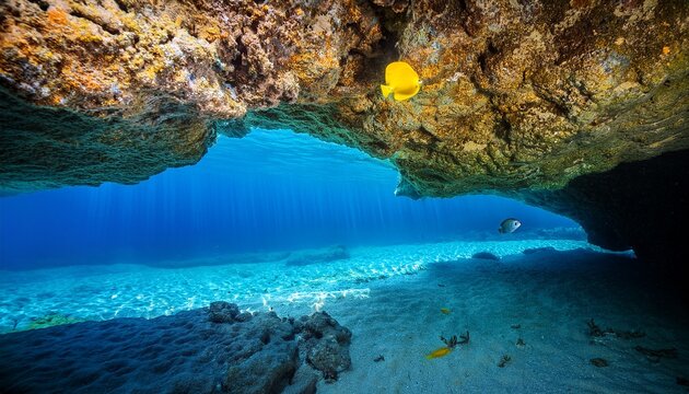 tropical limestone cave features a split level view of crystal clear ocean water with a small yellow fish