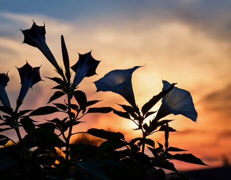 silhouette of several datura flowers with dark leaves against a bright background sky