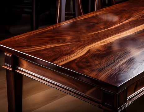 dark mahogany wooden table glossy finish deep grain reflective surface rich and luxurious feel