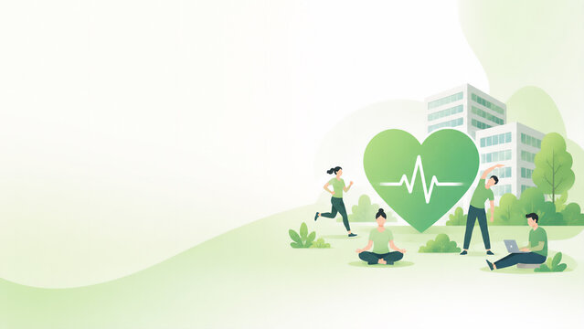 Green heart with pulse line and company building placed on the right - health and productivity management concept banner with copy space