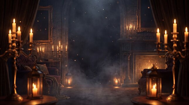 Spooky empty room in haunted castle illuminated by warm candlelight and thick fog