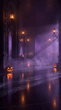 Vertical dark mysterious gothic corridor illuminated by magical purple light and mist