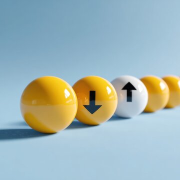 A row of glossy yellow spheres with one white sphere featuring directional arrows symbolizing contrast and divergent choices on a smooth blue surface