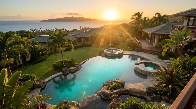 A luxury tropical villa backyard featuring a sparkling swimming pool at golden sunset.