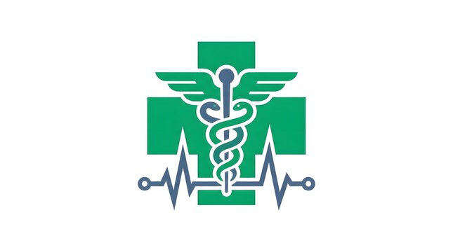 Medical symbol with caduceus and heartbeat on green cross