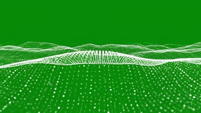 Abstract digital landscape with white glowing particles on a green background