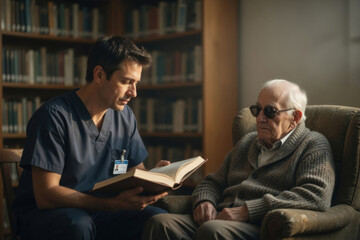 Fototapeta premium Young male nurse library elderly man eyeglass sweater armchair book reading care support calm emotional bonding in quiet room Male nurse companion elderly concept