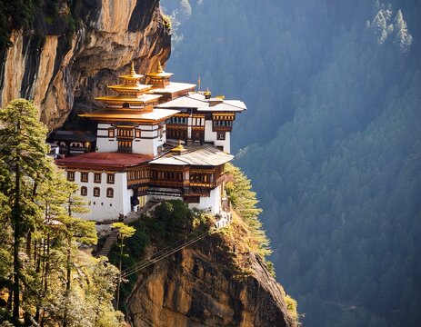 isometric view of bhutan tiger nest monastery perched on a cliffside