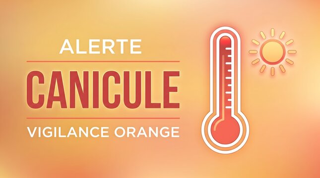 French heatwave warning alert graphic with thermometer and sun symbolizing orange vigilance for extreme summer temperatures