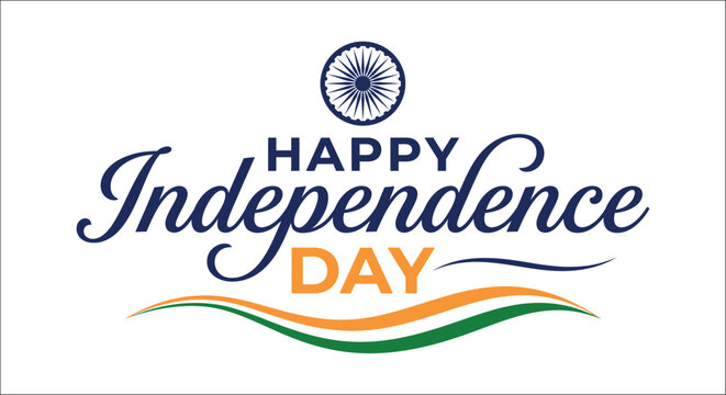 Independence day typography with ashoka chakra symbol and tri color wave on white background celebration
