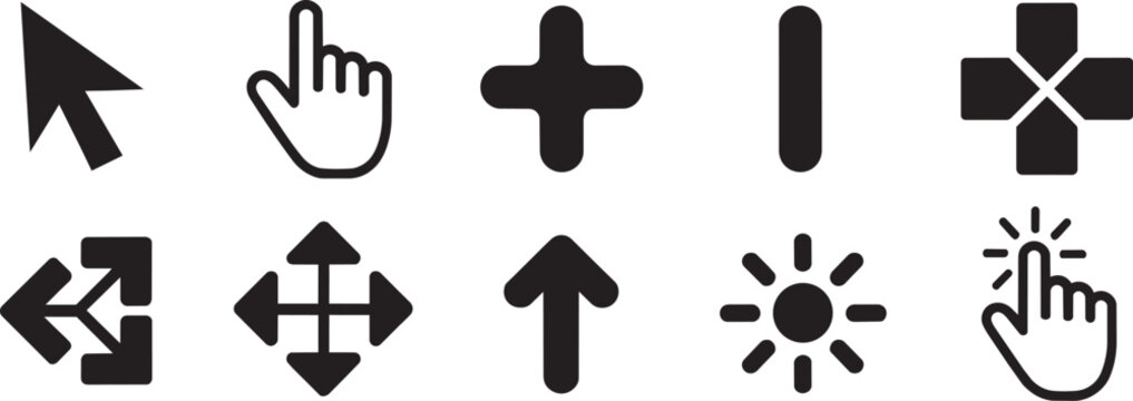 Computer mouse cursor and selection pointer vector icons set for user interface navigation including arrow hand finger plus sign zoom and scrolling move symbols in minimalist style.