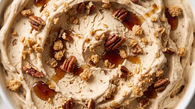 Close up texture of maple syrup ice cream with pecan nuts and crunchy granola toppings