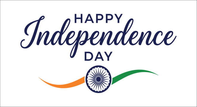 Independence day typography with tricolor wave and ashoka chakra emblem vector illustration celebration saffron white