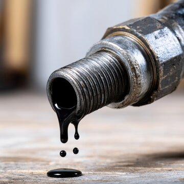 Close-up of thick black fluid dripping from a worn metal pipe with threaded end onto a tiled surface in an industrial setting