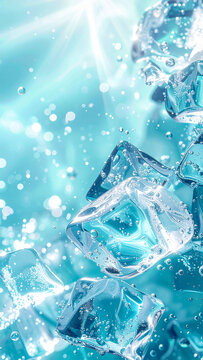 水中で輝く氷のキューブと気泡の涼しげな背景素材　透明感のある青い光が拡散する夏のイメージ　爽やかな飲み物やドリンク広告の演出に活用できる文字入れ用コピースペース付きのクリエイティブな高解像度写真素材