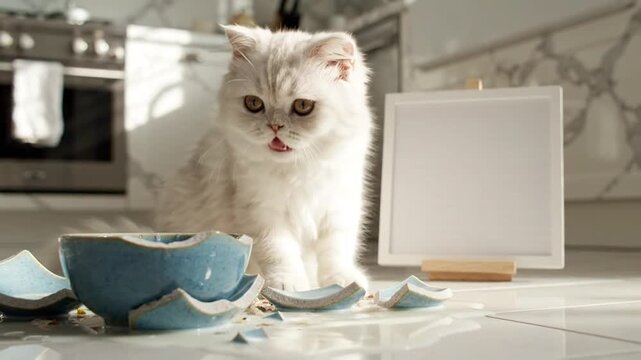 Fluffy white cat looks guilty next to broken blue ceramic bowl on kitchen floor.