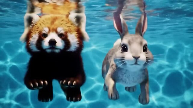 A red panda and a cute rabbit swimming together underwater