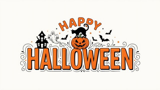 Happy halloween illustration with pumpkin ghost and black cat