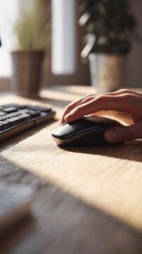 Person using computer mouse on wooden desk in warmly lit room with keyboard and potted plants blurred in the background at a cozy workspace