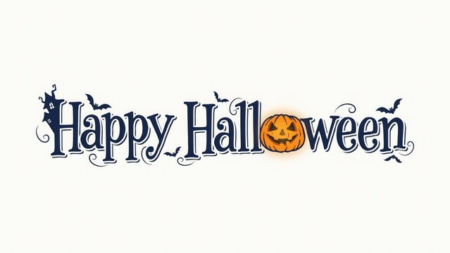 Festive halloween typography 'happy halloween' with pumpkin and haunted house