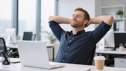 Obraz premium A man sits at his desk in an office with eyes closed, hands behind his head, smiling in relaxation.