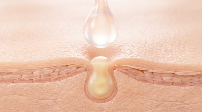 A close-up 3D render shows a single clear liquid drop falling toward a skin pore filled with oil.