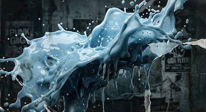 Blue Liquid Splash Grunge Texture Background with Distressed Wall in 3D