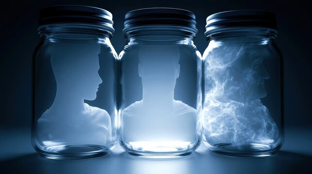 Three jar shapes display abstract silhouettes representing different ages, reflecting on the process of aging and health in a dark setting.