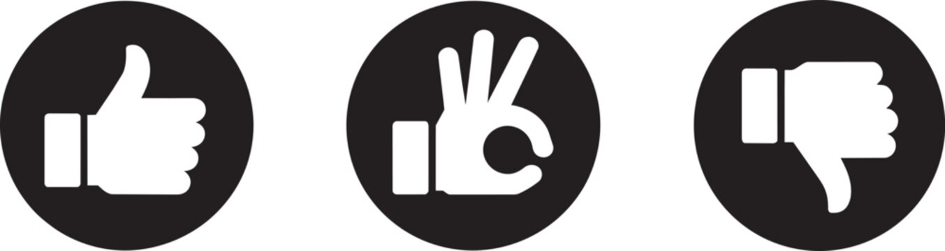 Hand gesture icons set featuring thumbs up approval sign and ok sign plus thumbs down dislike symbol vector illustration for social media interaction and user feedback interface design.