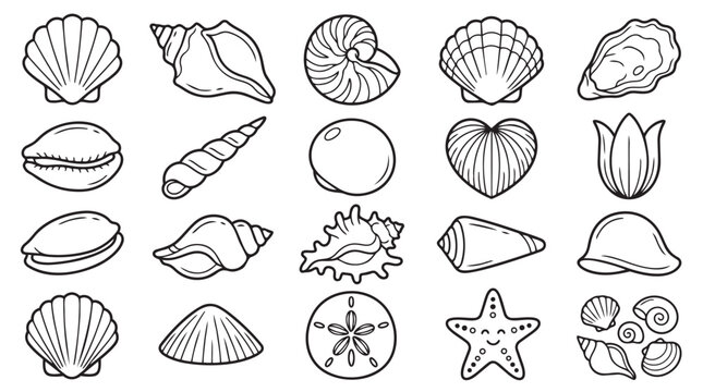 Collection of various seashells and marine life icons with seashells underwater collection starfish