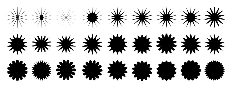 Set of black stars icons. Star shapes collection. Minimalist simple stars pack. Christmas star objects isolated on transparent background. Vector png
