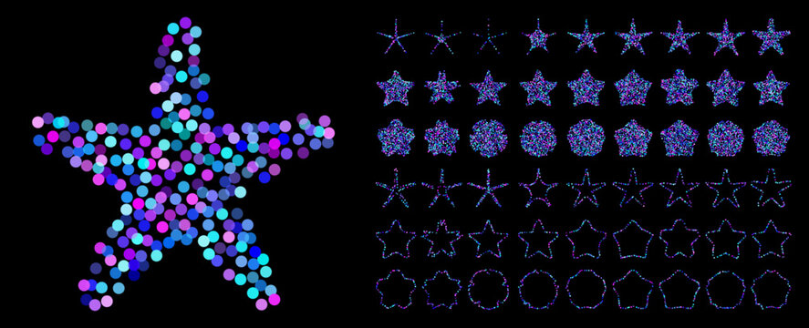 Set of purple confetti stars icons. Star glitter shapes collection. Shiny simple stars pack. Christmas star objects isolated on black background. Vector illustration